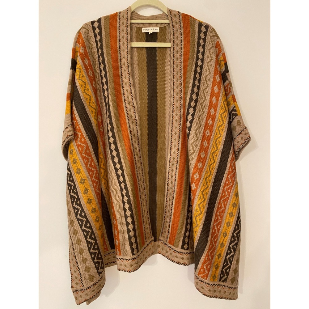 Margaux & Lexi Womens Striped Knit Poncho‎ Sweater Bohemian Earth Tones L/XL